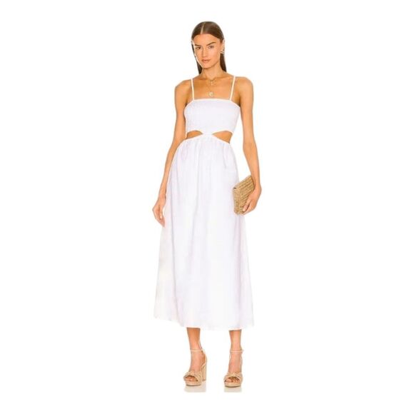Faithfull the Brand Linen Smocked‎ Tayari Midi Beachy Dress Women's 8 White NWT - Picture 6 of 16